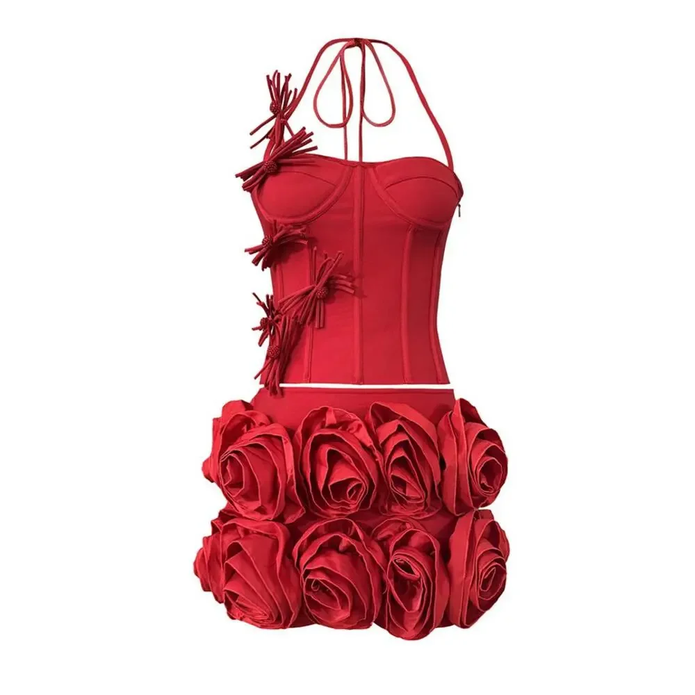 Ethan Design Halter Rose Floral Corset 2-Pieces‎ Dress in Red Small